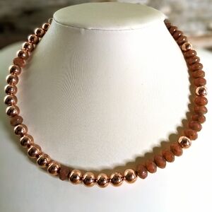 Silky Pink Rose Glass Beads & Rose Gold Beads In Assymetrical Necklace/ Choker
